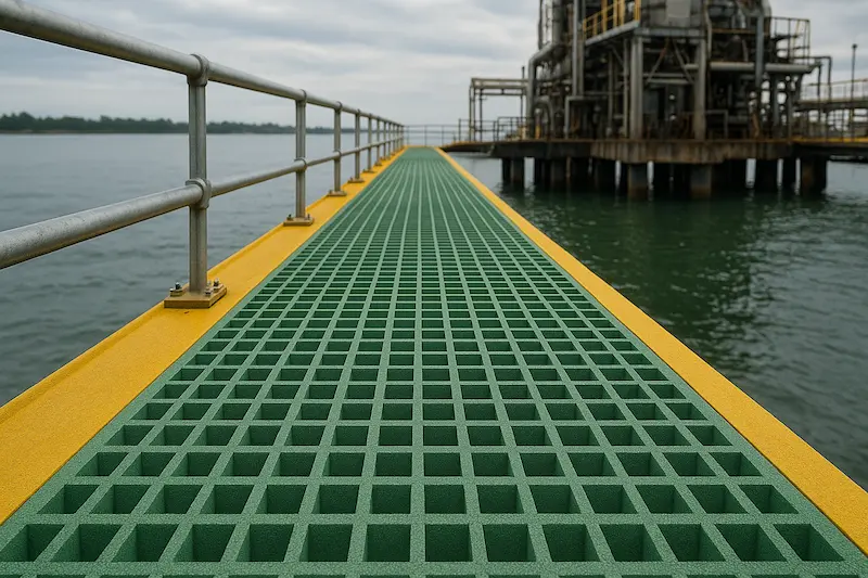 Long FRP grating path with yellow edges leading to a processing platform over water.