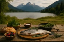 Mesa rústica con pescado, pan artesanal, hierbas y frutos rojos frente a lago y montañas patagónicas; concepto de gastronomía sostenible en el sur argentino