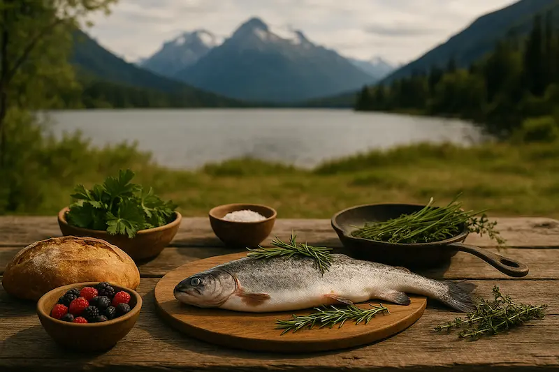 Mesa rústica con pescado, pan artesanal, hierbas y frutos rojos frente a lago y montañas patagónicas; concepto de gastronomía sostenible en el sur argentino