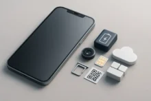 Smartphone genérico en vista cenital con iconos de cámara, batería y SIM/eSIM, representando criterios para elegir un iPhone