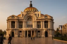Palacio de Bellas Artes en la Ciudad de México al atardecer, vista frontal de la fachada.