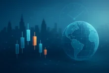 Ilustración digital de velas de trading y globo con Sudamérica que representa el trading de índices sintéticos, sin texto y apta para sitio de noticias.