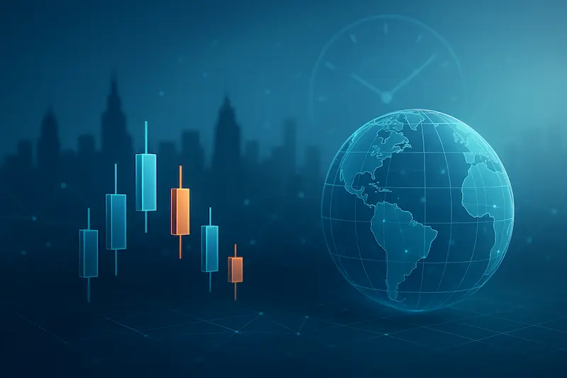 Ilustración digital de velas de trading y globo con Sudamérica que representa el trading de índices sintéticos, sin texto y apta para sitio de noticias.
