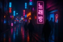 Neon noraebang sign on a rainy Hongdae street at night in Seoul, with silhouettes approaching the entrance