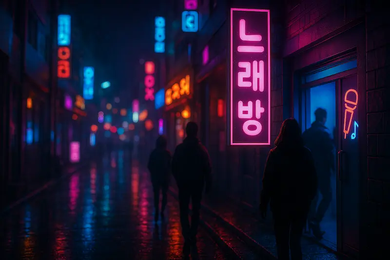 Neon noraebang sign on a rainy Hongdae street at night in Seoul, with silhouettes approaching the entrance