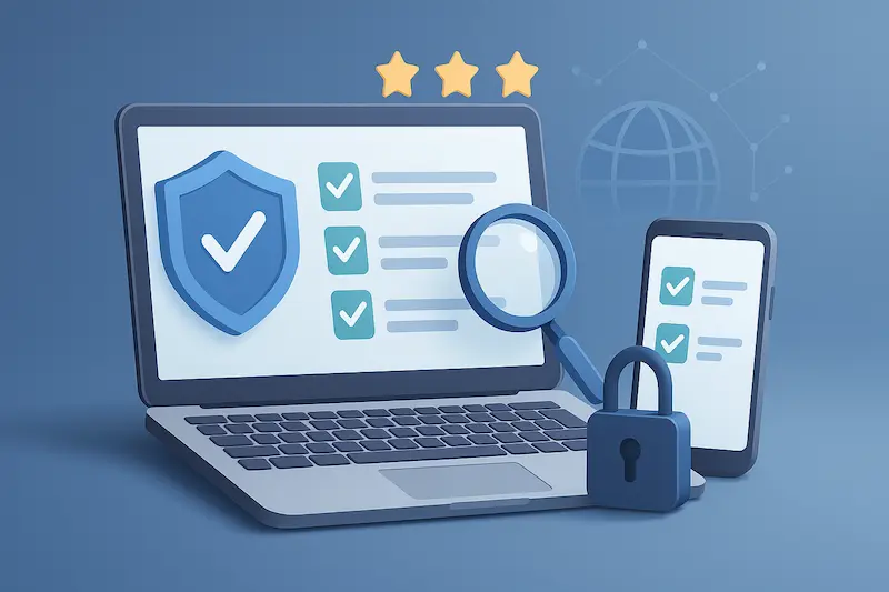 Horizontal 3D-style illustration of a laptop and smartphone with checklists, a shield, padlock and magnifying glass, representing independent verification and online safety; no gambling imagery.