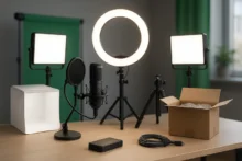 Set de creador con micrófono en brazo, aro de luz y dos paneles LED a 45°, carpa difusora y fondo verde plegable; escritorio ordenado, sin marcas ni texto.