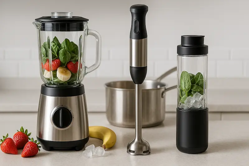 Tres licuadoras en cocina minimalista: de vaso con frutas, de inmersión de acero y personal con hielo, en formato horizontal sin texto