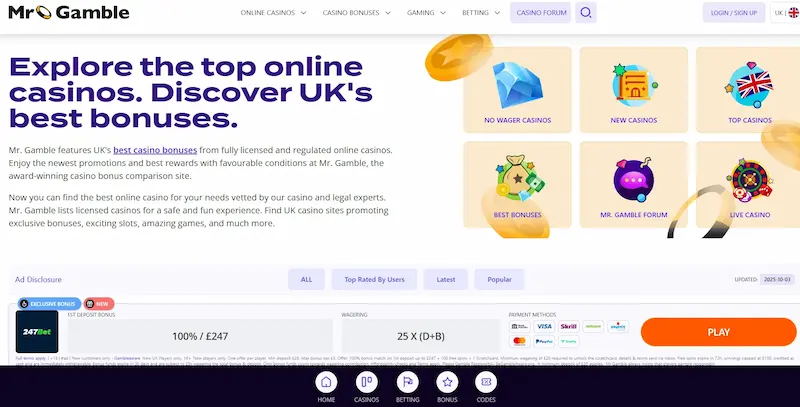 Screenshot of Mr Gamble UK online casinos page featuring bonus comparison tiles and filters.