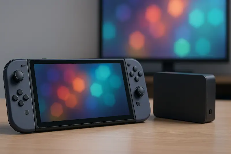 Consola portátil tipo Nintendo Switch 2 junto a su dock frente a un televisor, en composición horizontal y sin logotipos