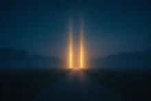 Camino nocturno hacia dos pilares de luz dorados en el horizonte; imagen horizontal conceptual que sugiere el número maestro 11 y el camino de vida.