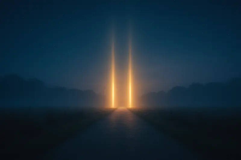 Camino nocturno hacia dos pilares de luz dorados en el horizonte; imagen horizontal conceptual que sugiere el número maestro 11 y el camino de vida.