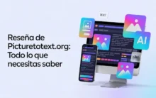 Reseña de PicturetoText.org: herramienta OCR en línea que extrae texto de imágenes y documentos con IA, mostrada en mockups de computadora y móvil.
