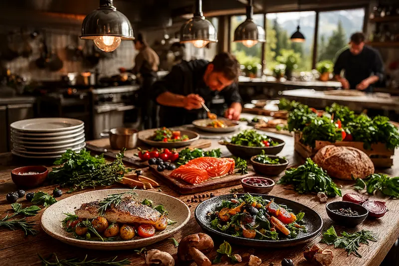 Platos servidos con pescado, verduras y hongos en restaurante patagónico con chefs desenfocados y ventanales hacia montañas; escena fotorrealista de gastronomía sostenible
