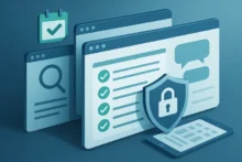 Ilustración horizontal sin texto: ventanas de navegador con checklist, escudo con candado, lupa y calendario; concepto de verificación y seguridad en reseñas de casinos online.