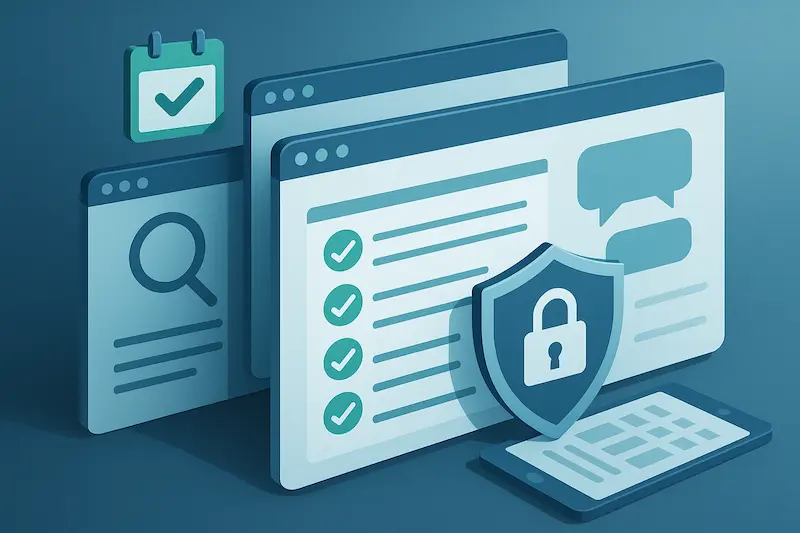 Ilustración horizontal sin texto: ventanas de navegador con checklist, escudo con candado, lupa y calendario; concepto de verificación y seguridad en reseñas de casinos online.