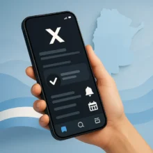 Smartphone con interfaz genérica tipo X mostrando cuenta verificada, icono de campana y calendario sobre fondo celeste con silueta de Argentina