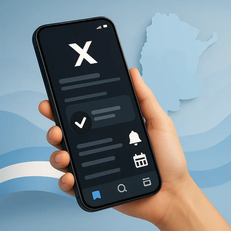 Smartphone con interfaz genérica tipo X mostrando cuenta verificada, icono de campana y calendario sobre fondo celeste con silueta de Argentina