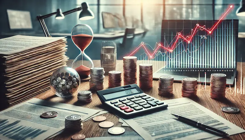 Escritorio con monedas apiladas, documentos, calculadora y un gráfico financiero ascendente, representando el análisis del préstamo de Wall Street a la Argentina