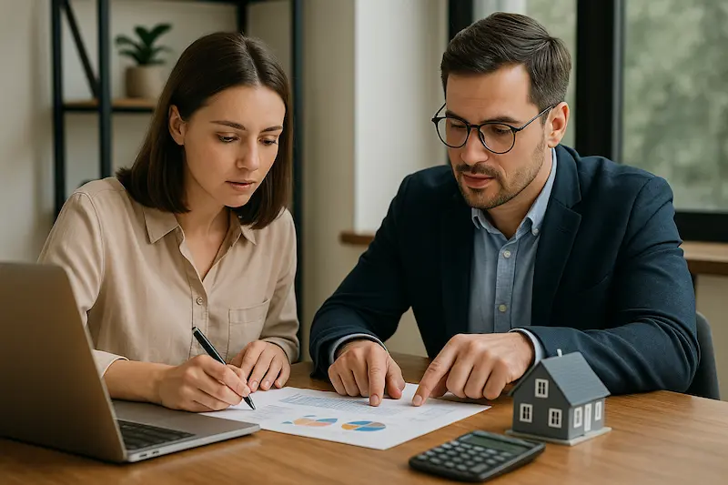 Dos profesionales analizan gráficos y documentos inmobiliarios en oficina luminosa