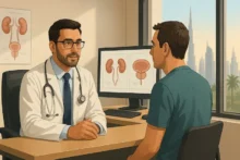 Male urologist in Dubai consulting an adult patient in a modern clinic with kidney and prostate diagrams on a screen and Dubai skyline in the background