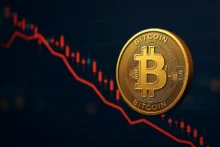 Moneda de Bitcoin dorada frente a un gráfico financiero en rojo que muestra una caída de precio
