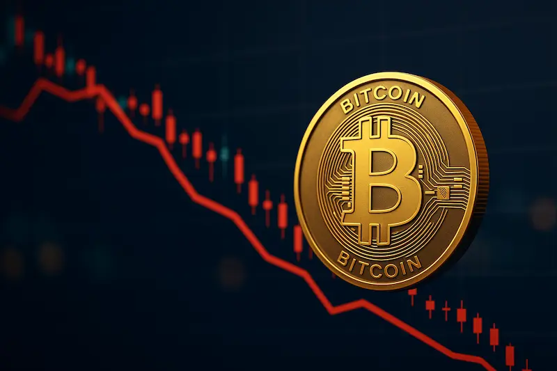 Moneda de Bitcoin dorada frente a un gráfico financiero en rojo que muestra una caída de precio