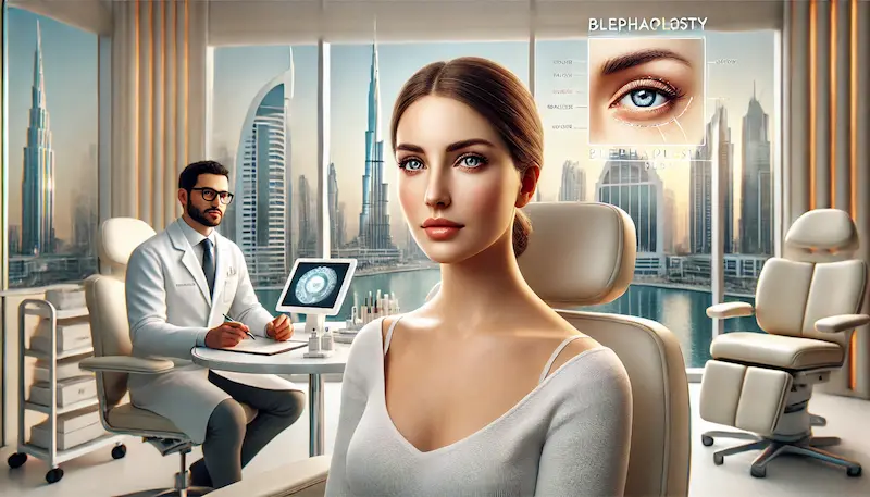 Woman with rejuvenated eyelids sitting in a modern aesthetic clinic in Dubai with a cosmetic surgeon and the city skyline in the background, illustrating blepharoplasty consultation