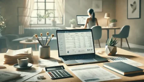 Kleinunternehmerin arbeitet am Schreibtisch mit Laptop, Belegen und Taschenrechner an der Buchhaltung