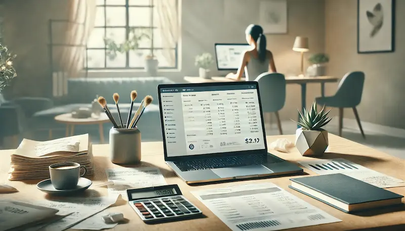 Kleinunternehmerin arbeitet am Schreibtisch mit Laptop, Belegen und Taschenrechner an der Buchhaltung