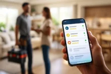 Persona sosteniendo un smartphone con una app para contratar plomero, electricista y otros profesionales verificados para el hogar en 2025