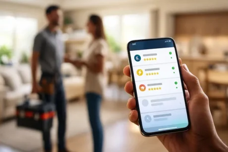 Persona sosteniendo un smartphone con una app para contratar plomero, electricista y otros profesionales verificados para el hogar en 2025