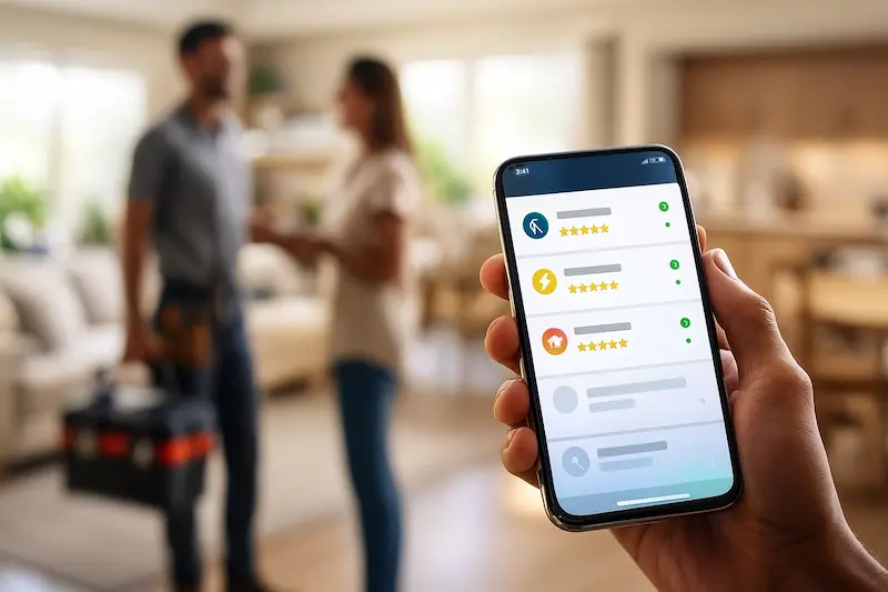 Persona sosteniendo un smartphone con una app para contratar plomero, electricista y otros profesionales verificados para el hogar en 2025