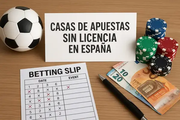 Mesa con boleto de apuestas deportivas, fichas de casino, billetes de euro y cartel con el texto casas de apuestas sin licencia en España