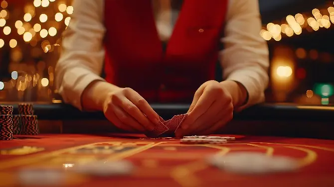 Croupier manipulando cartas en una mesa de casino iluminada