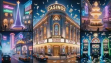 Ilustración de casinos con depósito y retiro instantáneo, fachada luminosa, tragamonedas y billetes en el aire en una ciudad nocturna