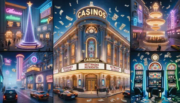 Ilustración de casinos con depósito y retiro instantáneo, fachada luminosa, tragamonedas y billetes en el aire en una ciudad nocturna
