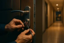 Manos de un cerrajero profesional trabajando en la cerradura de una puerta de piso en un pasillo iluminado