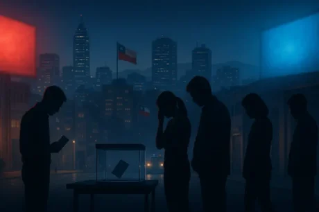 Ciudadanos chilenos hacen fila para votar de noche frente a una urna transparente, con banderas de Chile y la ciudad al fondo