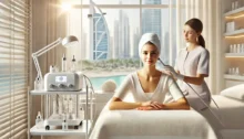 Tratamiento facial HydraFacial en una clínica estética lujosa y minimalista en Dubái con vista al skyline