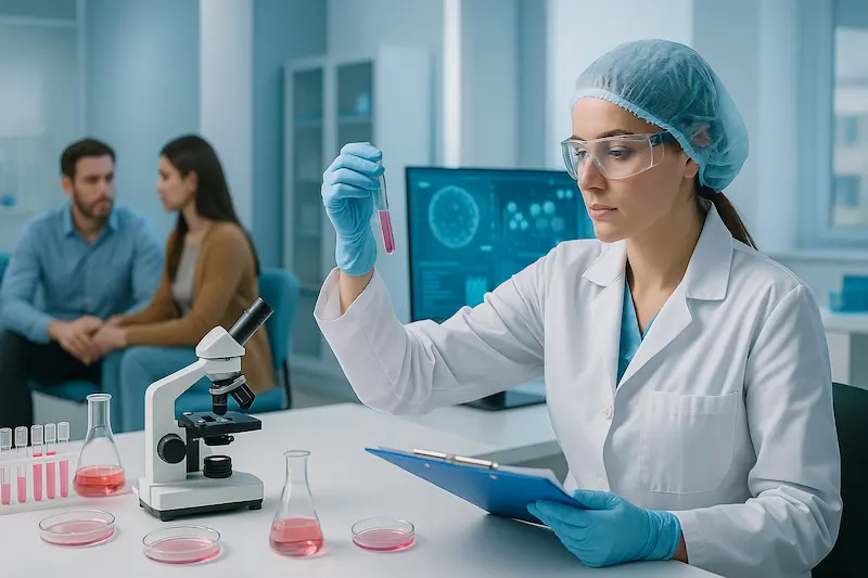 Médica revisando muestras en un laboratorio de fertilidad junto a una pareja que consulta sobre reproducción asistida