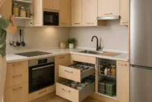 Cocina moderna en L con cajones organizadores abiertos, alacena ordenada y electrodomésticos integrados que aprovechan al máximo el espacio.