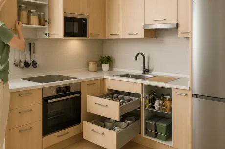 Cocina moderna en L con cajones organizadores abiertos, alacena ordenada y electrodomésticos integrados que aprovechan al máximo el espacio.