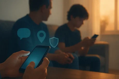 Ilustración de adulto y adolescente con smartphones; iconos de chat, ubicación y seguridad, en sala hogareña