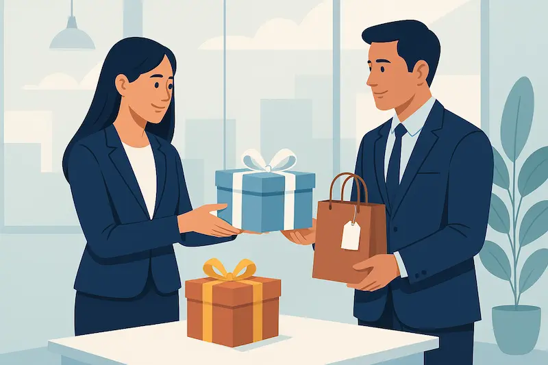 Business professionals exchanging corporate gifts in a modern office, illustrating corporate gifting trends in Dubai