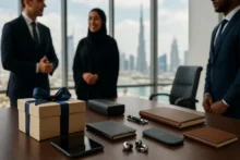 Corporate executives in a modern Dubai office exchanging elegant business gifts on a table with tech accessories and leather items