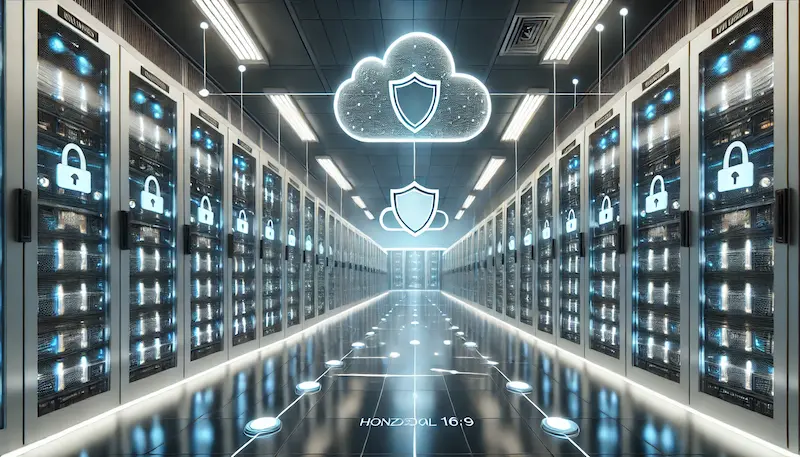 Centro de datos futurista con racks de servidores iluminados y símbolos de nube y seguridad en un entorno tecnológico