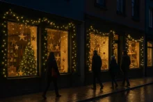 Vidrieras de comercios locales decoradas con guirnaldas y cortinas de luces LED cálidas en Navidad, con personas caminando por la vereda.