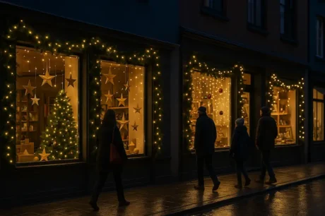 Vidrieras de comercios locales decoradas con guirnaldas y cortinas de luces LED cálidas en Navidad, con personas caminando por la vereda.
