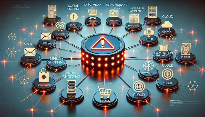 Ilustración conceptual de servicios digitales conectados a un nodo central con alerta de fallo